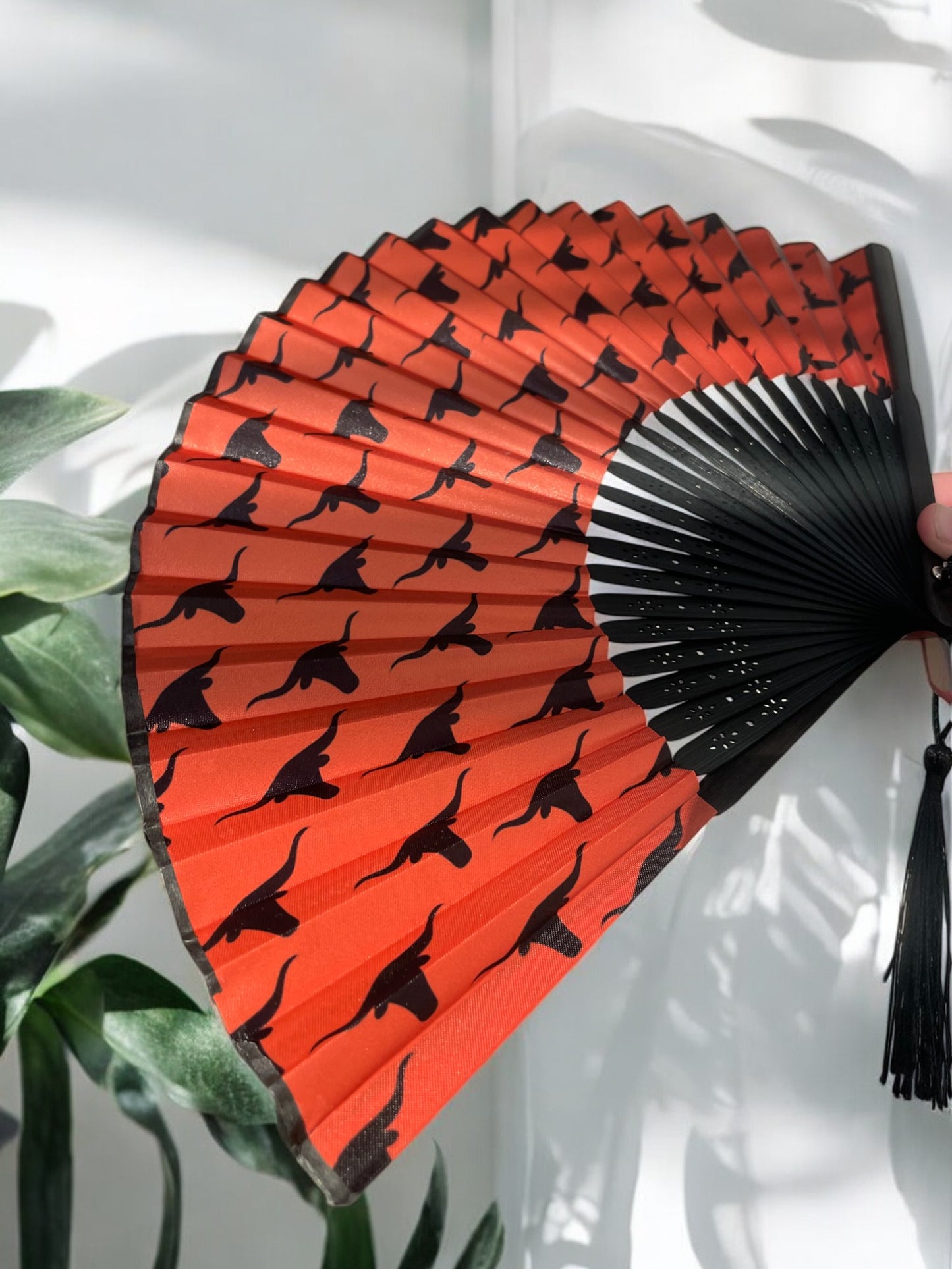 Texas Longhorn Inspired Black Bamboo Fan